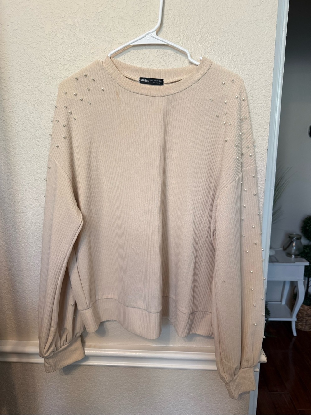 SHEIN Pearl-Accent Ribbed Cream Crewneck Sweater large